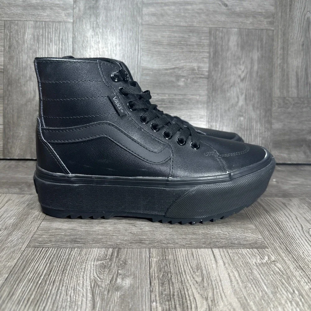 Vans Sk8-Hi Stacked Womens 6 Black Leather Platform High Top Sneakers NEW